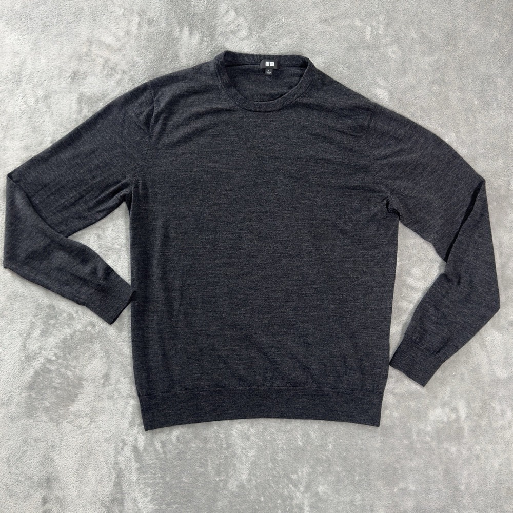 Uniqlo Sweater Men's Large Dark Gray Long‎ Sleeve 100% Wool Knit Lightweight